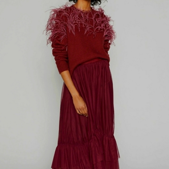 Cinq à Sept Melanie Burgundy Ostrich Feather Wool-Blend Sweater - Picture 5 of 9